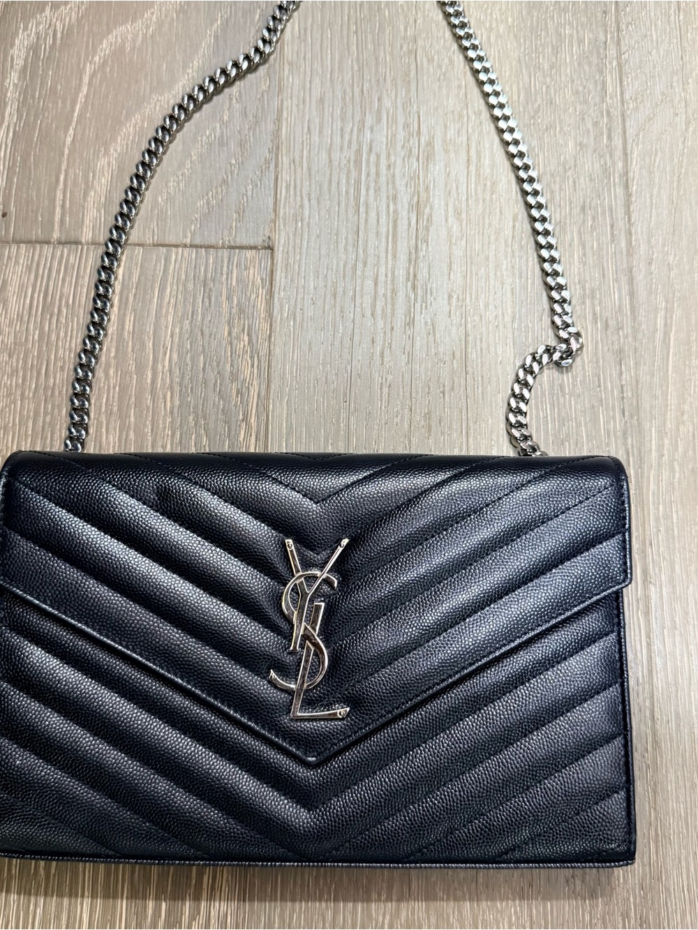 Yves Saint Laurent Black Quilted Leather Crossbody with Silver YSL Chain